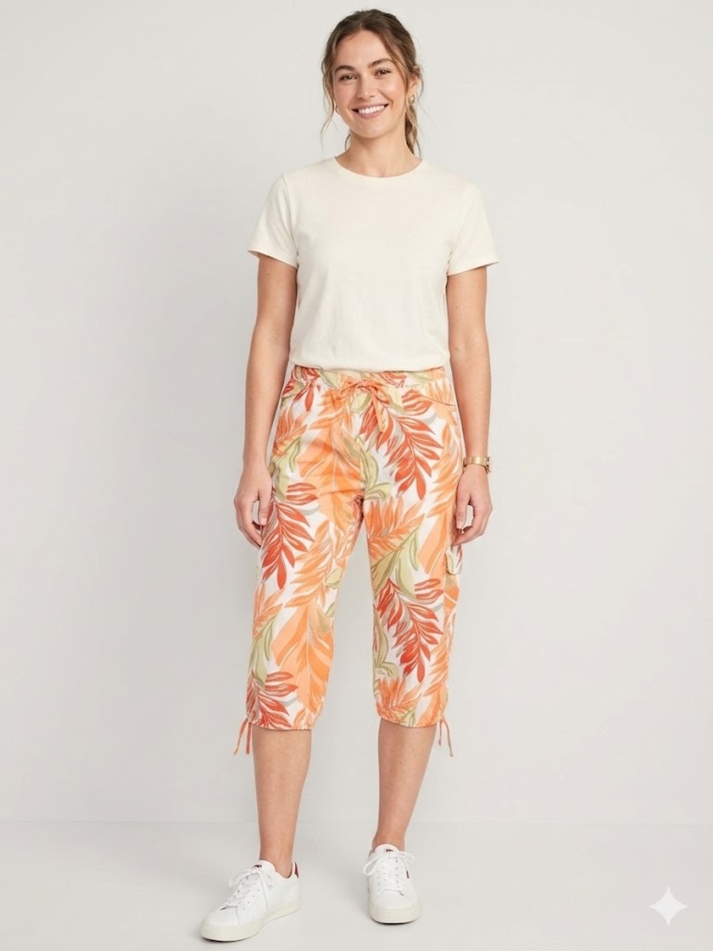 Oobe Tropical Cropped Capri Pants Leaf Print, Size Medium, Orange Green